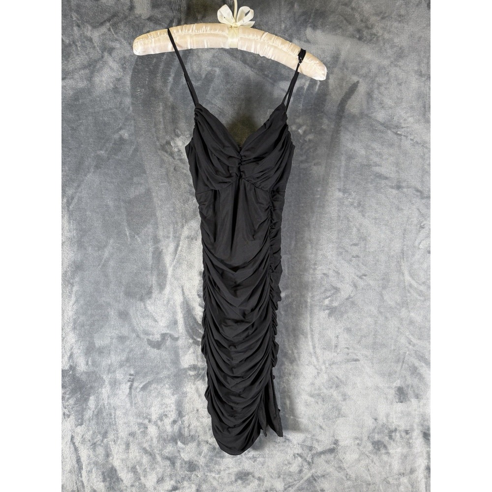 Privy Privately Privileged Black Ruched Bodycon Midi Dress Spaghetti Strap Sz S